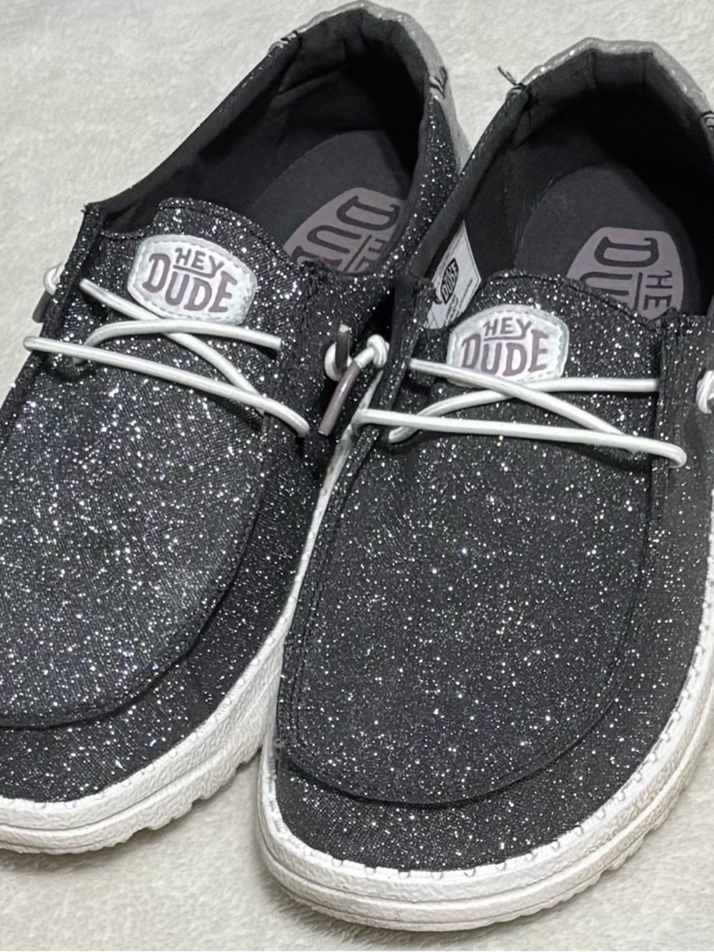 Glittery dark gray Hey Dudes